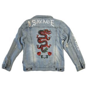 Brooklyn Cloth Co Women's Medium Distressed Denim Jacket Savage Red Dragon